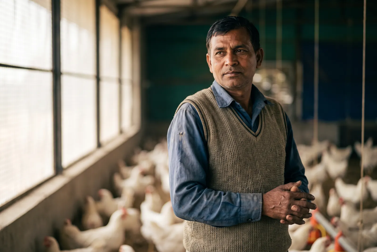 A poultry farmer inside a modern shed